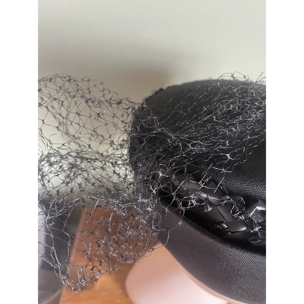 Vintage 1960's Black Pillbox Hat w/ Net Veil Ribbon Trim Union Made Cocktail